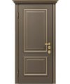 Дверь входная в квартиру Cerber 29 - Багетная МДФ панель, цвет Ral 7006 с золочением. Наличники фигурные и капитель Luce с золочением, с зарезкой под петли.
